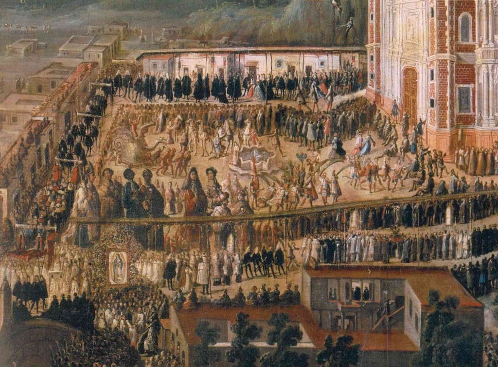 A colorful painting showing hundreds of people walking in a festive procession towards a Mexican cathedral carrying the holy image of the Virgen de Guadalupe. They display several genres of performative art like the Indigenous dance sequence of the Tocotín or the float of a Corpus Christi dragon.