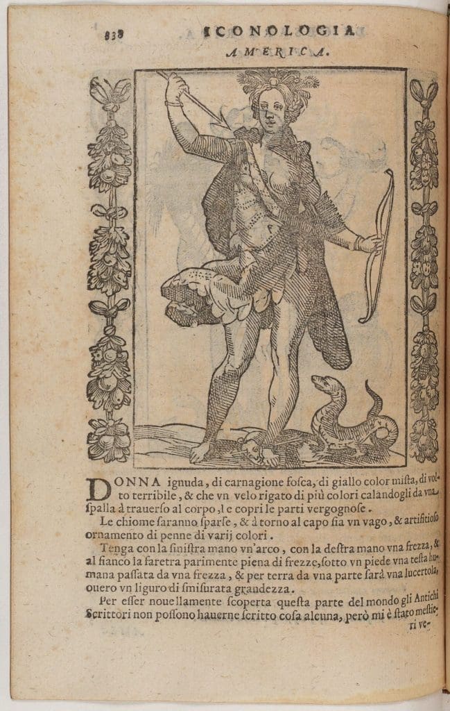 Paper with printed text and an image of a female warrior with bow and arrow and a giant lizard at her left side.