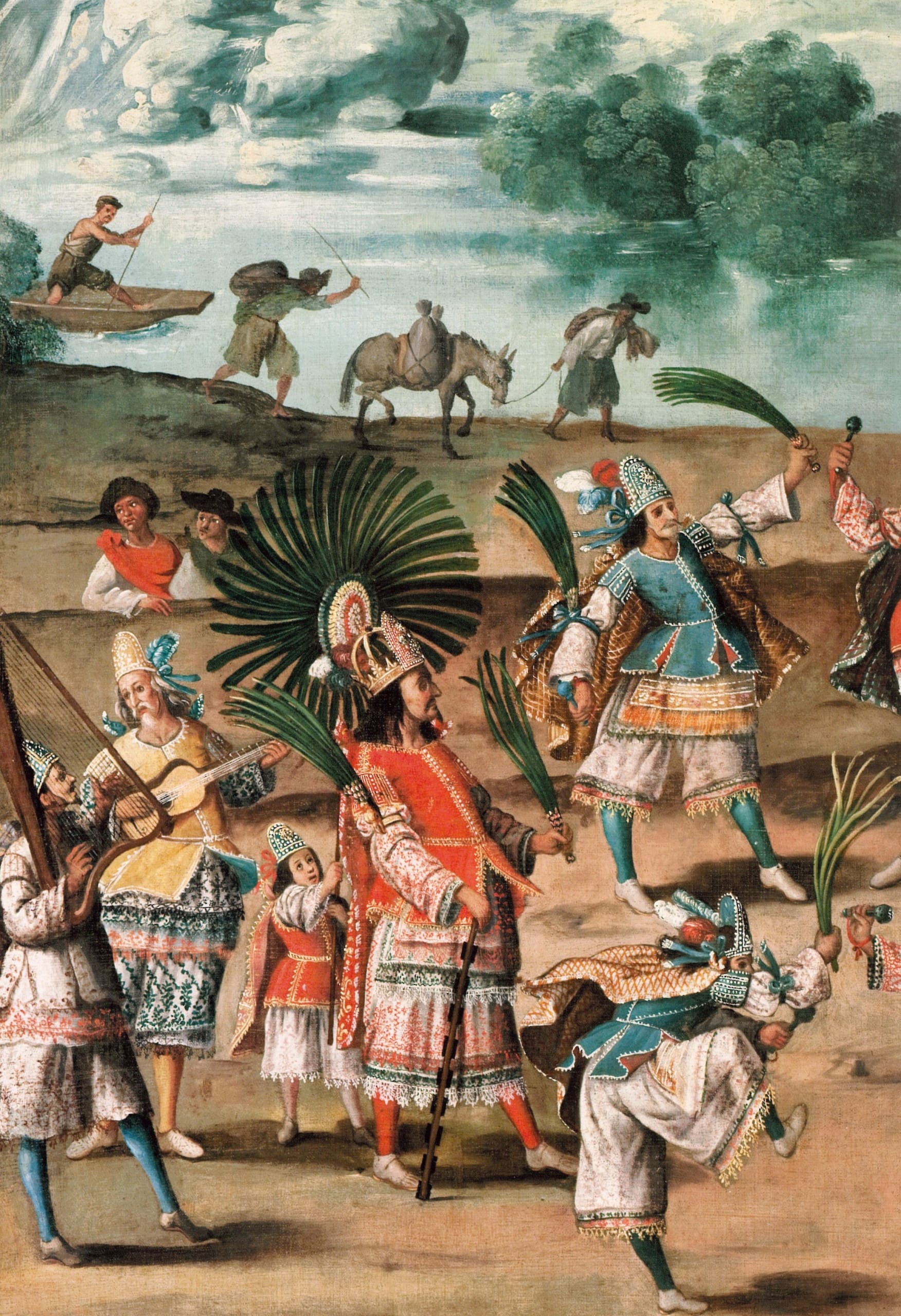 Musicians and dancers doing a performance of the Tocotín. They wear masks, tiara-like headdresses and green quetzal feathers to accompany their theatrical gestures.
