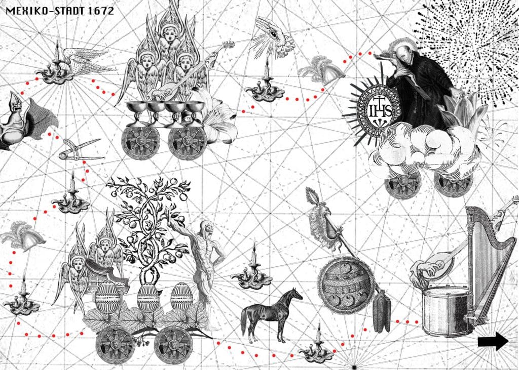 Several graphic elements show the walking order and carts of a procession carrying the images of saints, decorative elements and actors performing as angels. A pointing arrow indicates the direction in which the parade moves, starting with music and ending with a cloud float and fireworks.