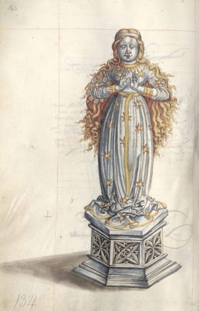 Drawing of a silver sculpture of a woman with long, blond hear wearing a robe covered in stars. Her hands are raised, with her palms facing the viewer. 