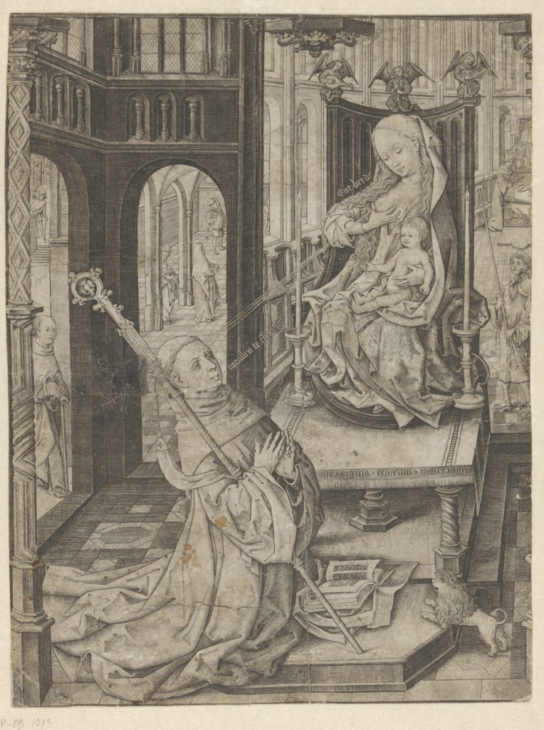 A black and white printed image of a man kneeling before two figures--a woman who holds her right breast and squirts breastmilk to the kneeling man and a small baby on the left knee of the lactating woman.