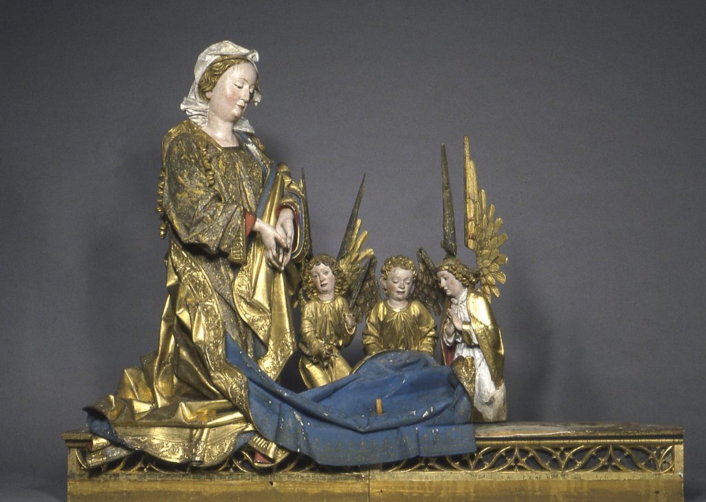 Detail of the Tramin Altarpiece from the workshop of the South Tyrolean artist Hans Klocker, showing the wooden dowel for the still extant Christ Child.